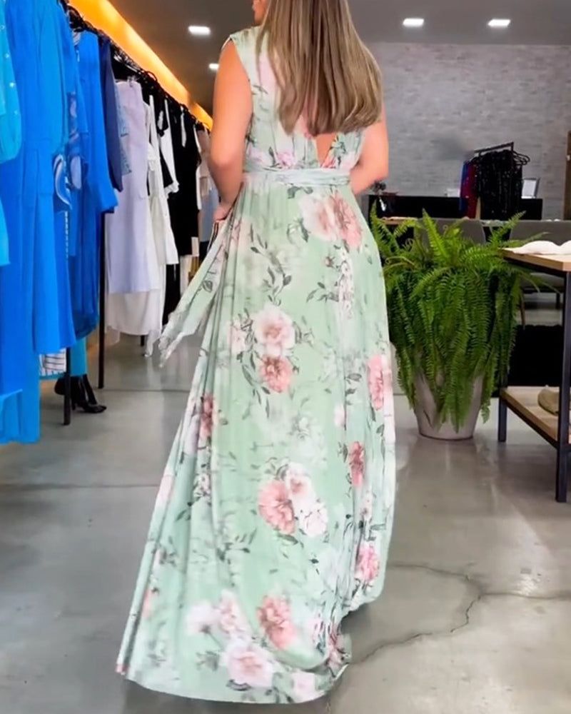 CD | Rochie lungă florală fără mâneci cu tiv despicat