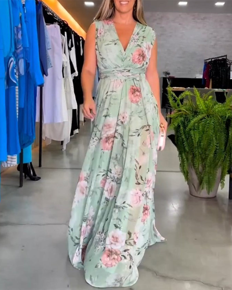 CD | Rochie lungă florală fără mâneci cu tiv despicat