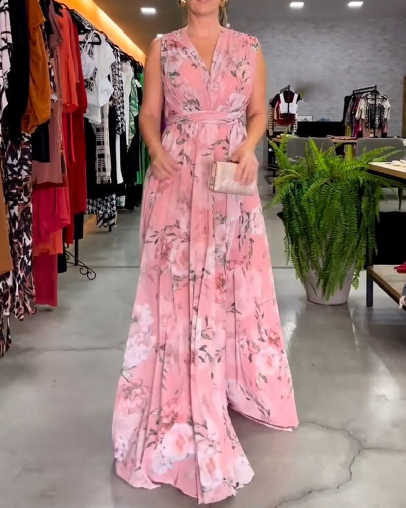 CD | Rochie lungă florală fără mâneci cu tiv despicat
