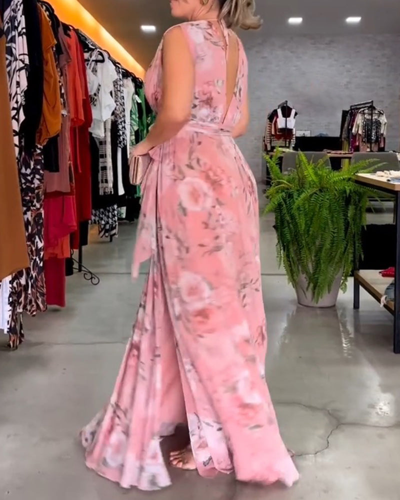 CD | Rochie lungă florală fără mâneci cu tiv despicat