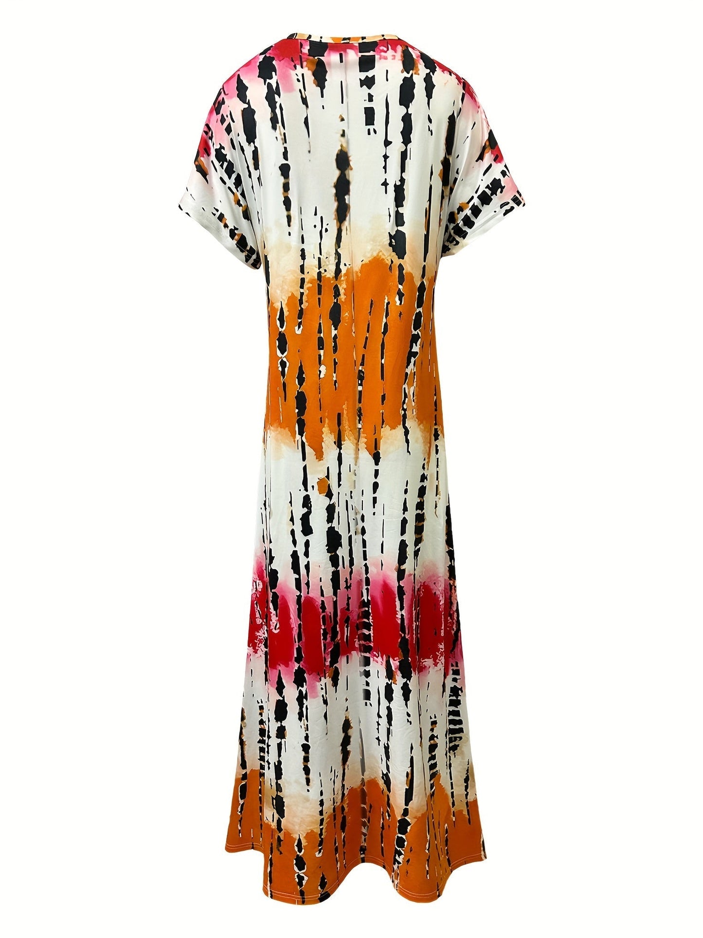 CD | Rochie maxi pentru femei - Decolteu în V - Imprimeu abstract - Mâneci scurte - Ținută relaxată - Fante laterale