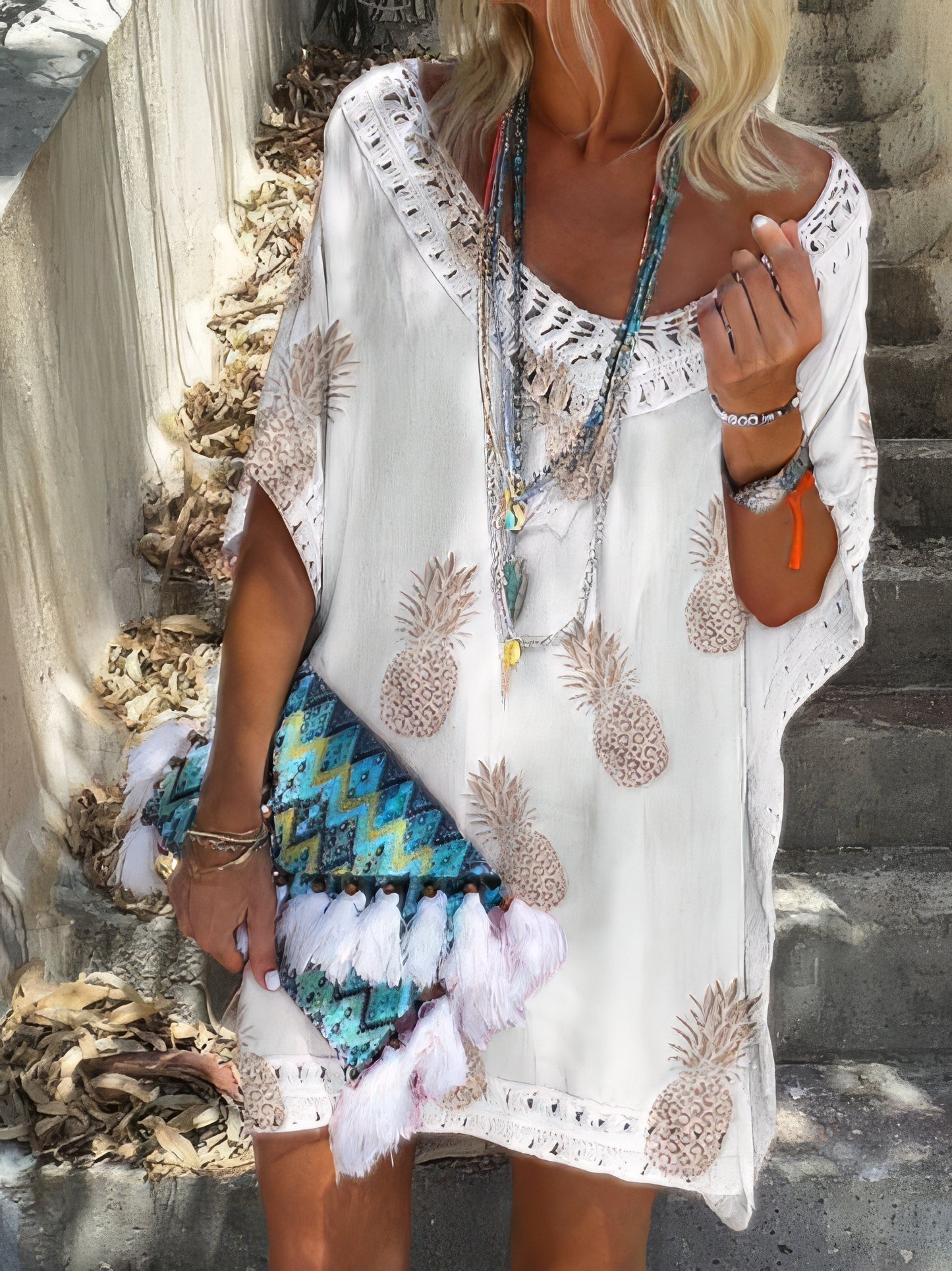 CD | Casual vrac dantelă V-Neck ananas imprimare Mini rochie