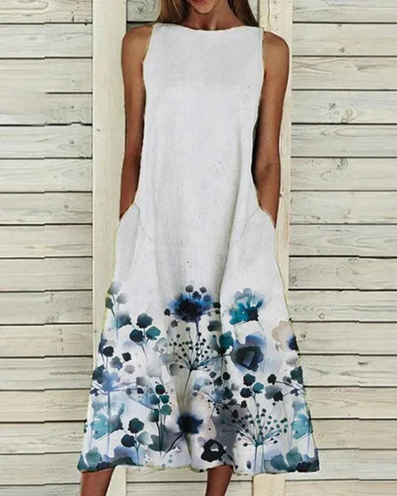 CD | Rochie midi pentru femei - A-line fără mâneci - Decolteu înalt - Detalii florale - Fibre naturale