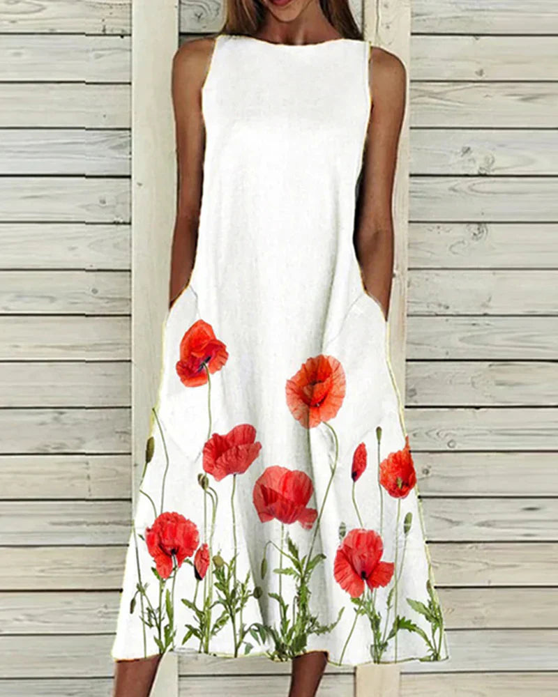CD | Rochie midi pentru femei - A-line fără mâneci - Decolteu înalt - Detalii florale - Fibre naturale