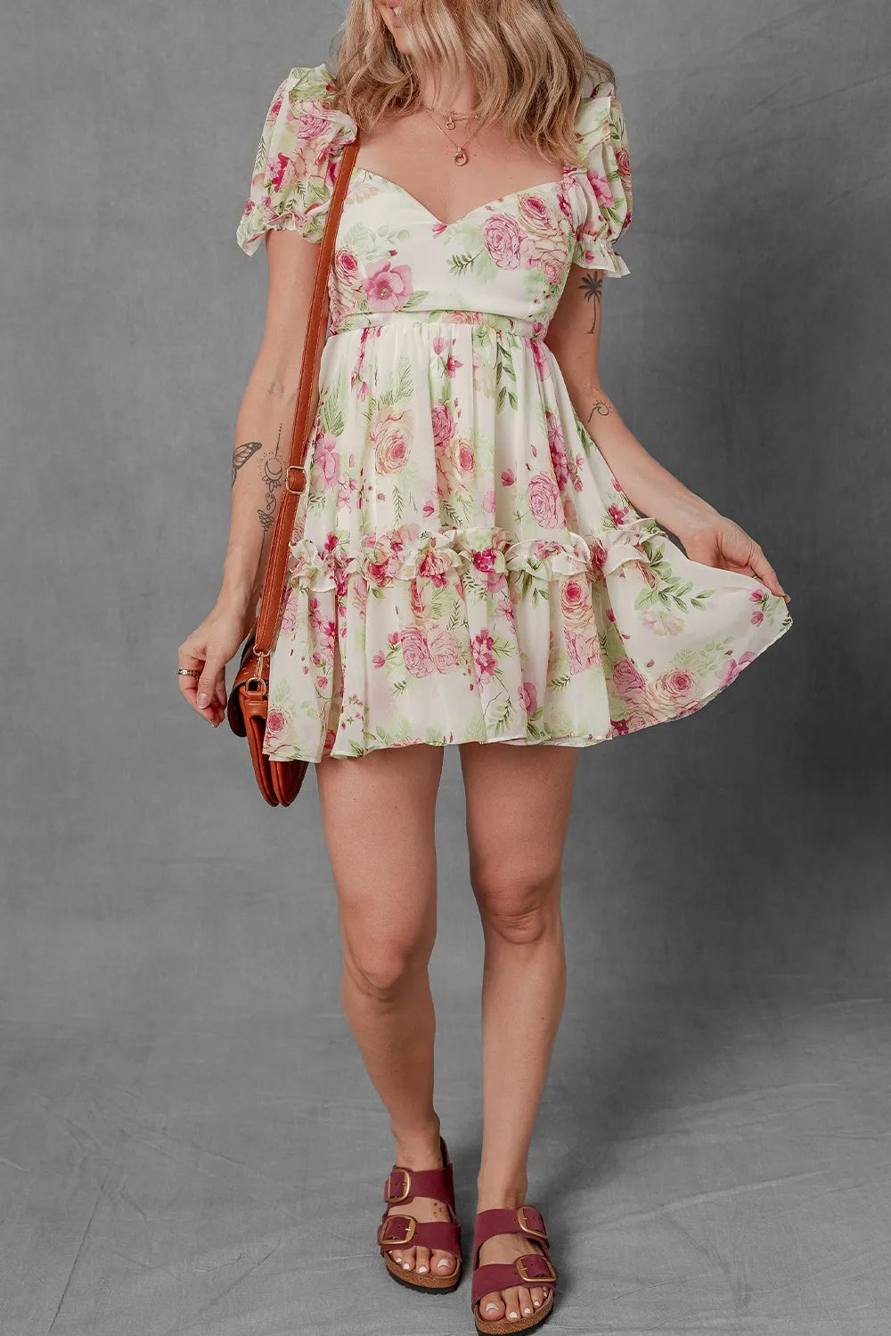 CD | Floral Bubble Sleeve Sweetheart gât Ruffle Mini rochie