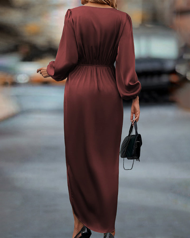 CD | Rochie wrap de culoare bordeaux cu mâneci balon pentru femei