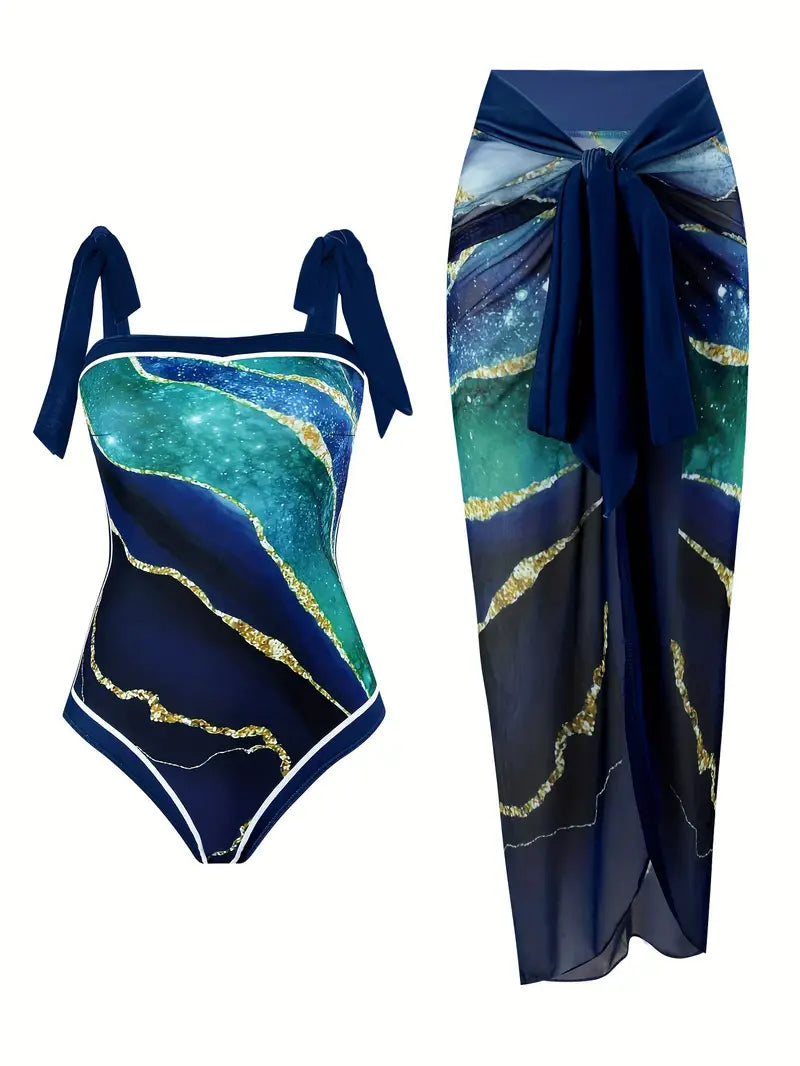 CD | Costum de baie elegant și fustă cu imprimeu marmură într-o singură piesă