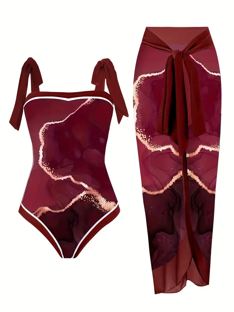 CD | Costum de baie elegant și fustă cu imprimeu marmură într-o singură piesă