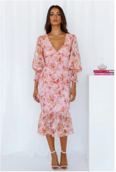 CD | Rochie midi mulată, florală, cu mâneci din voal