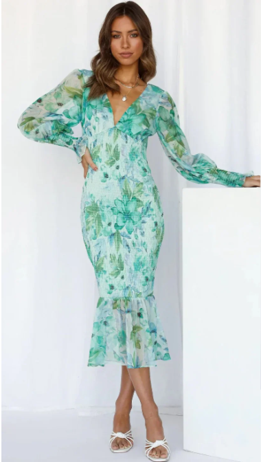 CD | Rochie midi mulată, florală, cu mâneci din voal