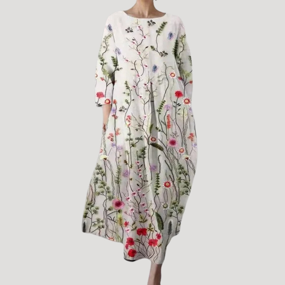 CD | Rochie midi de vară din in cu mâneci lungi