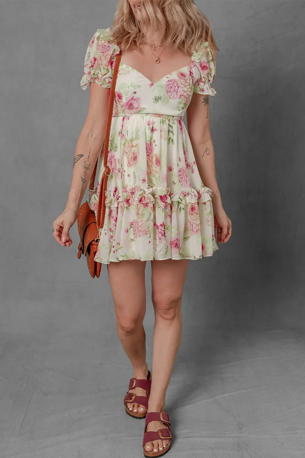 CD | Floral Bubble Sleeve Sweetheart gât Ruffle Mini rochie