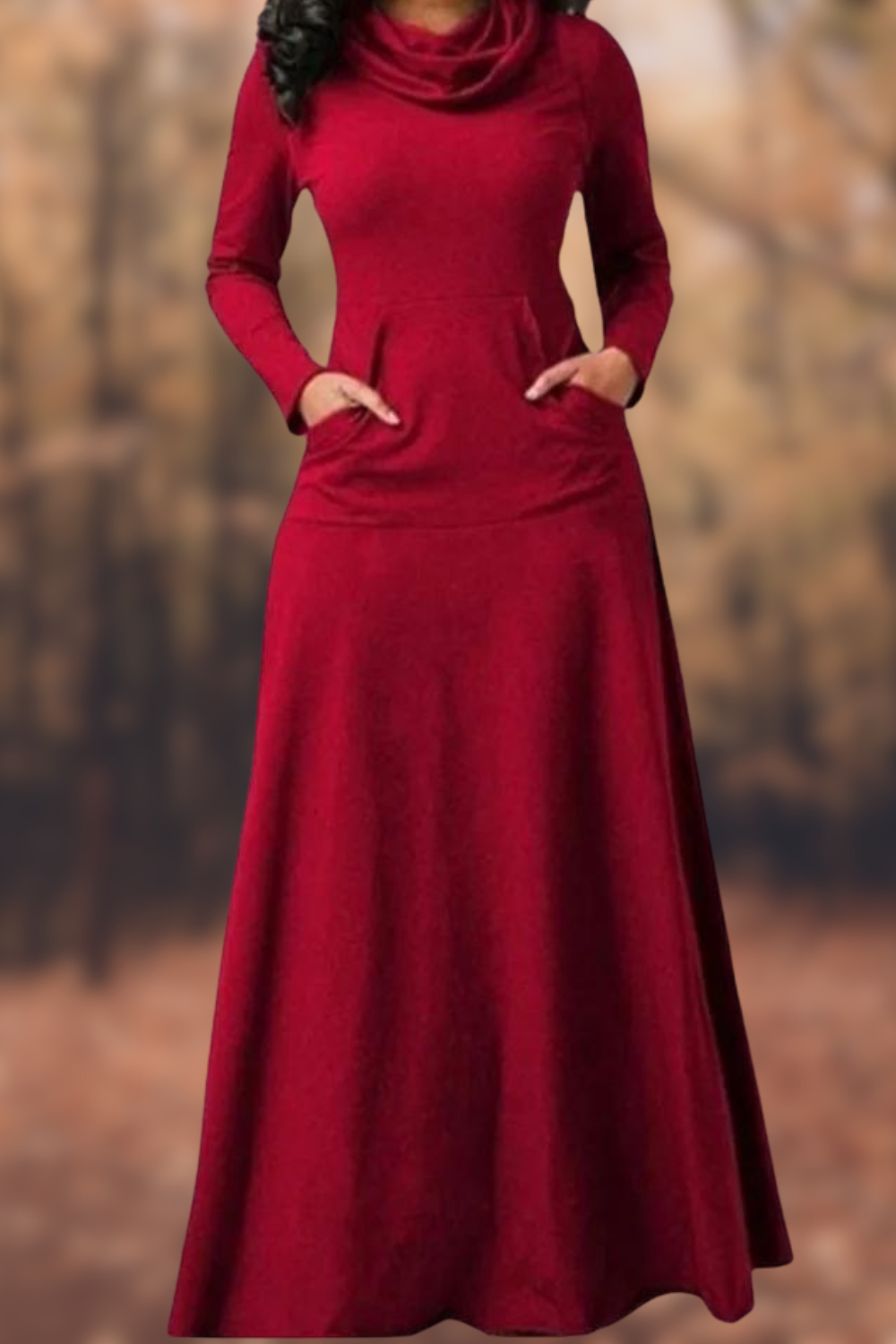 CD | Rochie maxi casual cu mânecă lungă, decolteu rotund și buzunar