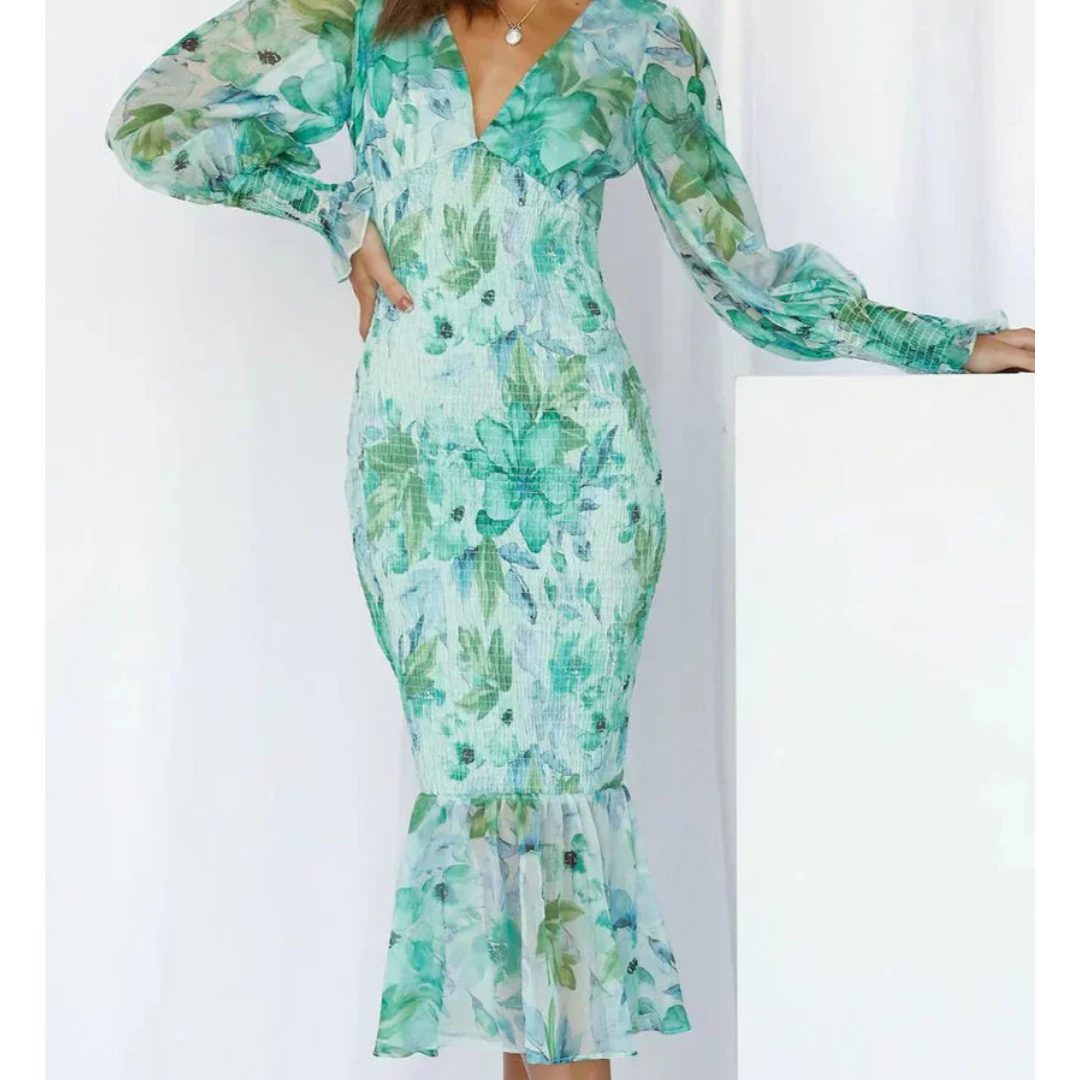 CD | Rochie midi mulată, florală, cu mâneci din voal