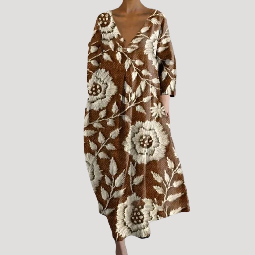 CD | Rochie midi de vară din in cu mâneci lungi