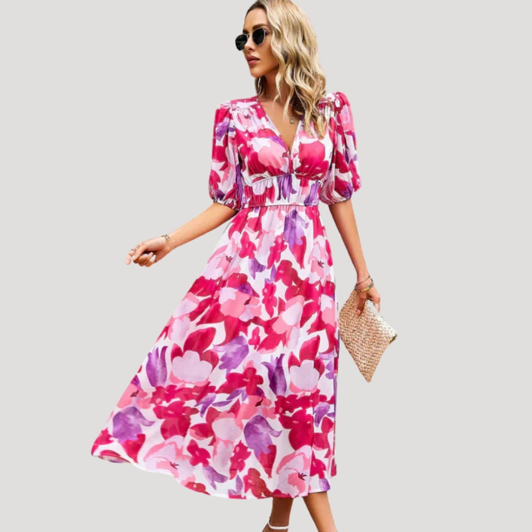 CD | Ladies maneca bufanta V-neck imprimate rochie midi