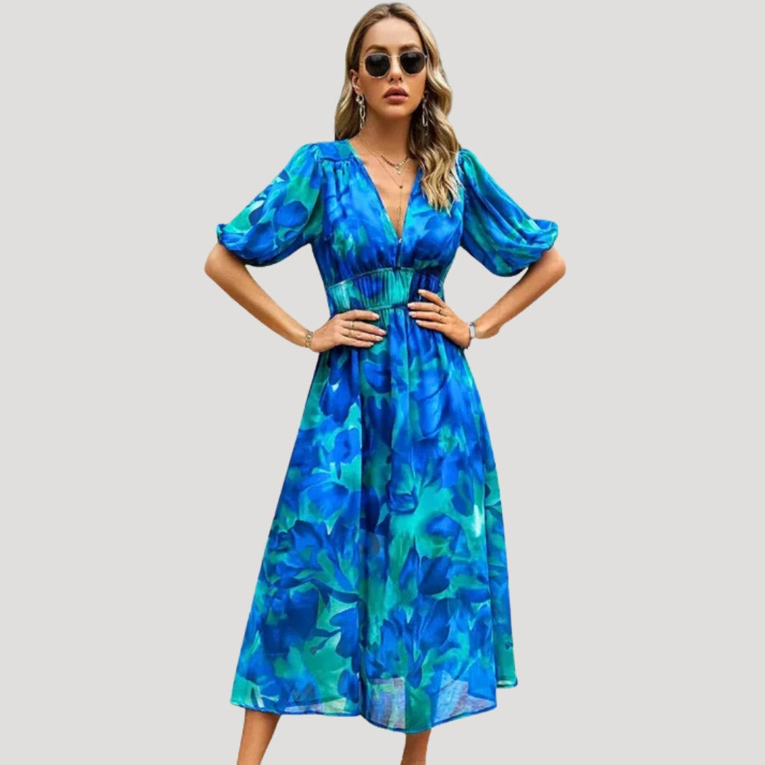 CD | Ladies maneca bufanta V-neck imprimate rochie midi