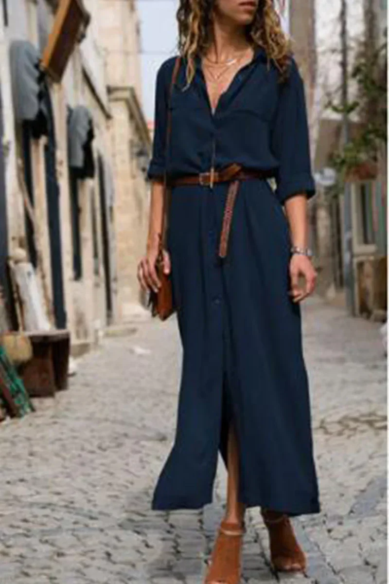 CD | Rochie de cămașă casual cu guler coborât și patchwork monocrom