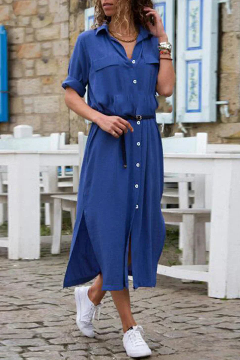CD | Rochie de cămașă casual cu guler coborât și patchwork monocrom