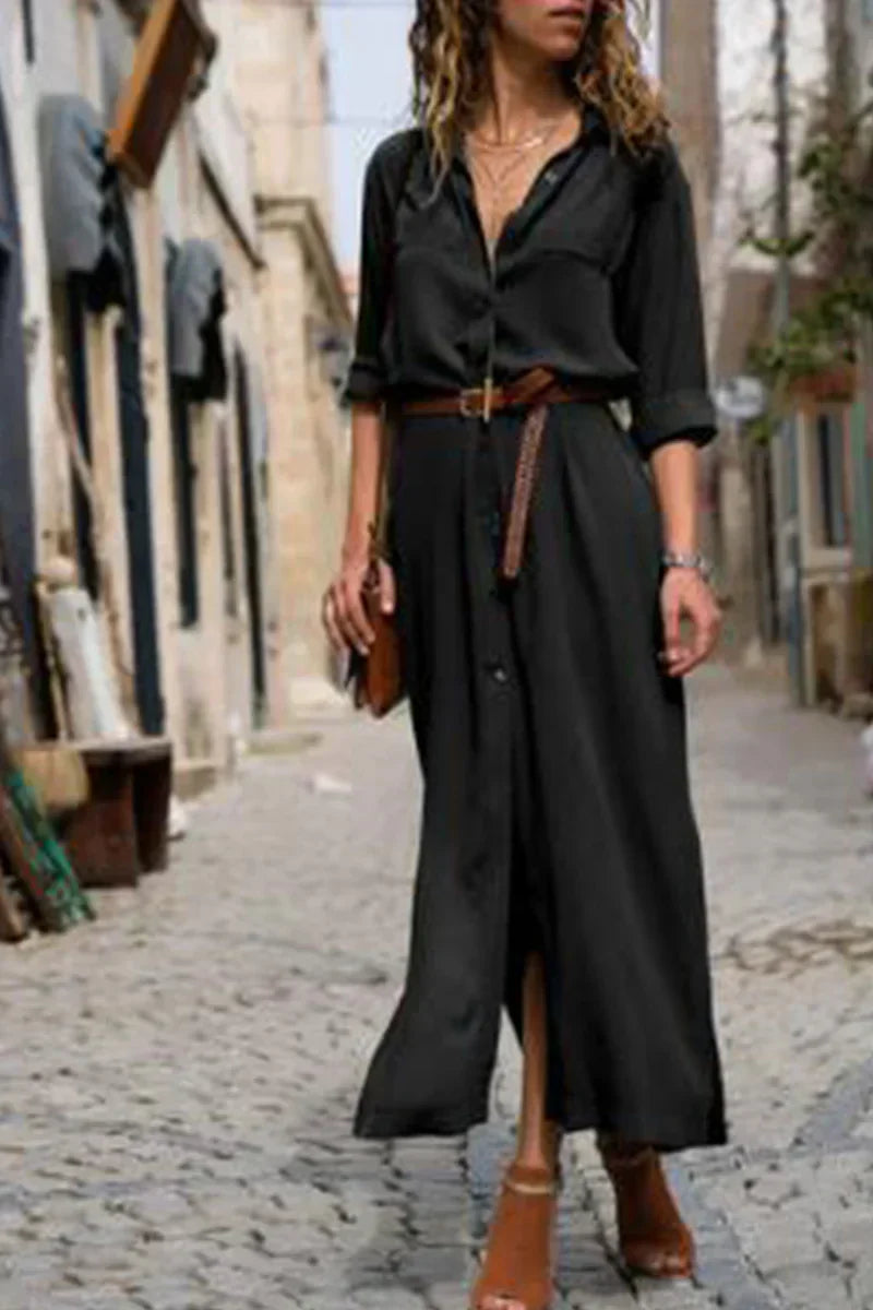 CD | Rochie de cămașă casual cu guler coborât și patchwork monocrom
