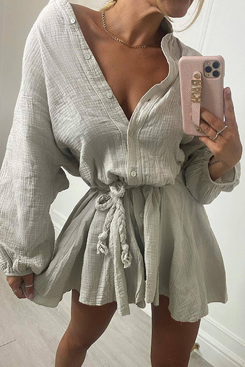 CD | Buton placket O-neck mânecă lungă cămașă mini rochie