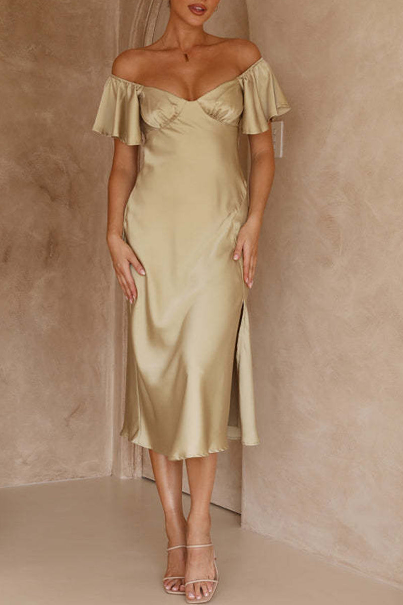 CD | Rochie midi din satin cu model bardot