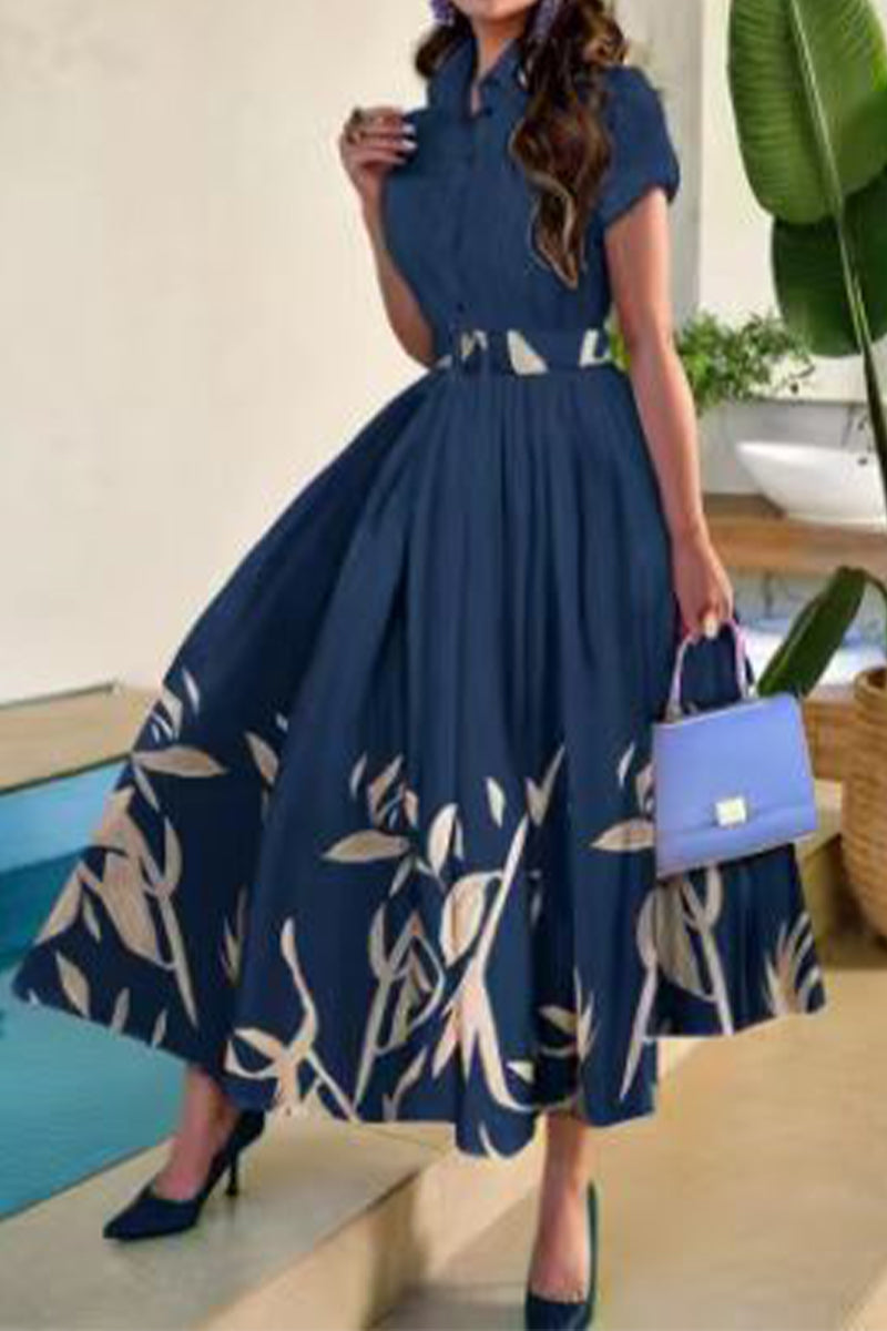 CD | Celebrități Elegant Floral Belted Turn Down Collar imprimate rochie Rochie cu mânecă scurtă