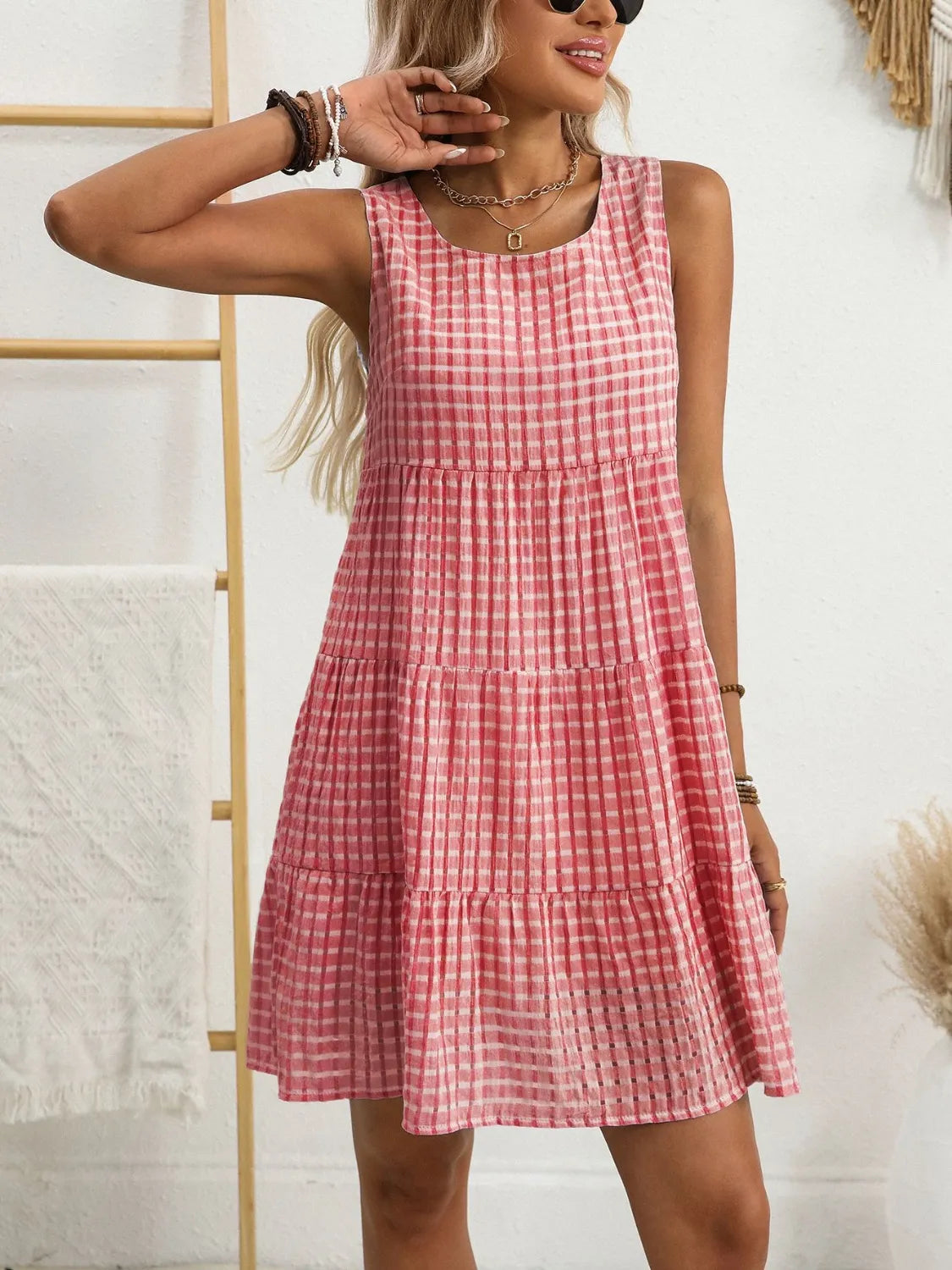 CD | Rochie mini fără mâneci cu decolteu rotund în carouri