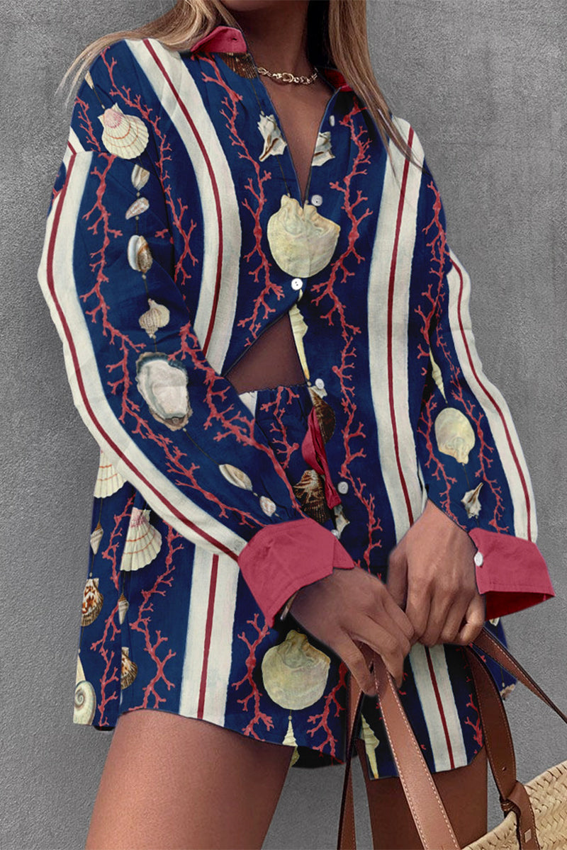 CD | Casual Vintage Geometric Print Drawstring Pocket Turndown Collar Long Sleeve Two Piece