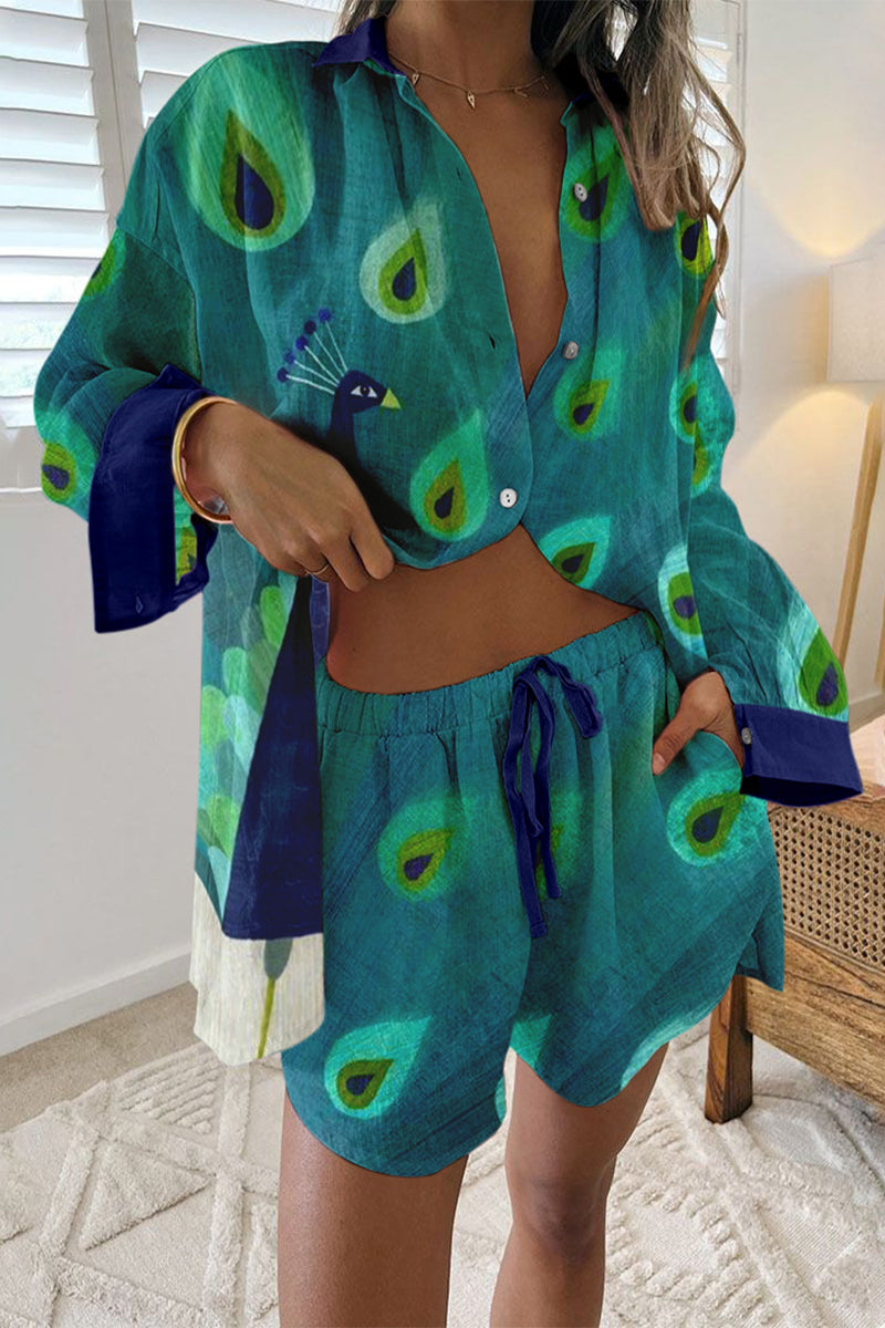CD | Casual Vintage Geometric Print Drawstring Pocket Turndown Collar Long Sleeve Two Piece