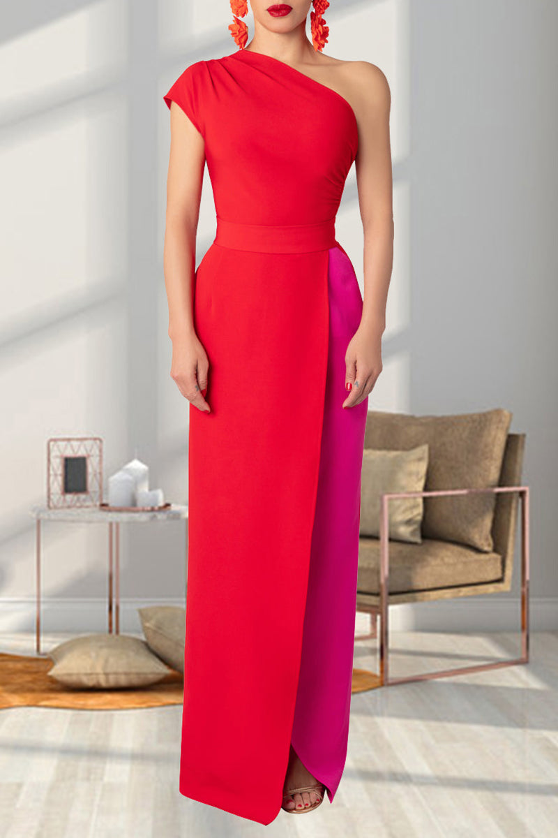 CD | Street Solid Colour Backless High Slit Patchwork Contrast Bias Collar Rochii lungi