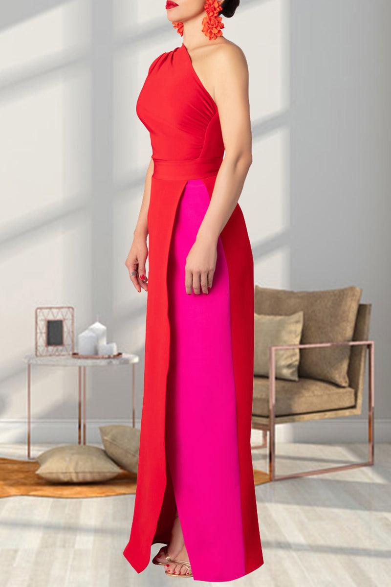 CD | Street Solid Colour Backless High Slit Patchwork Contrast Bias Collar Rochii lungi