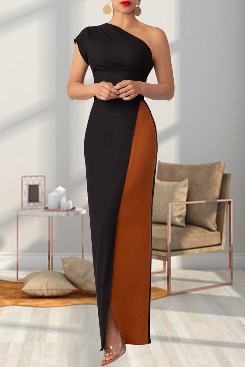 CD | Street Solid Colour Backless High Slit Patchwork Contrast Bias Collar Rochii lungi