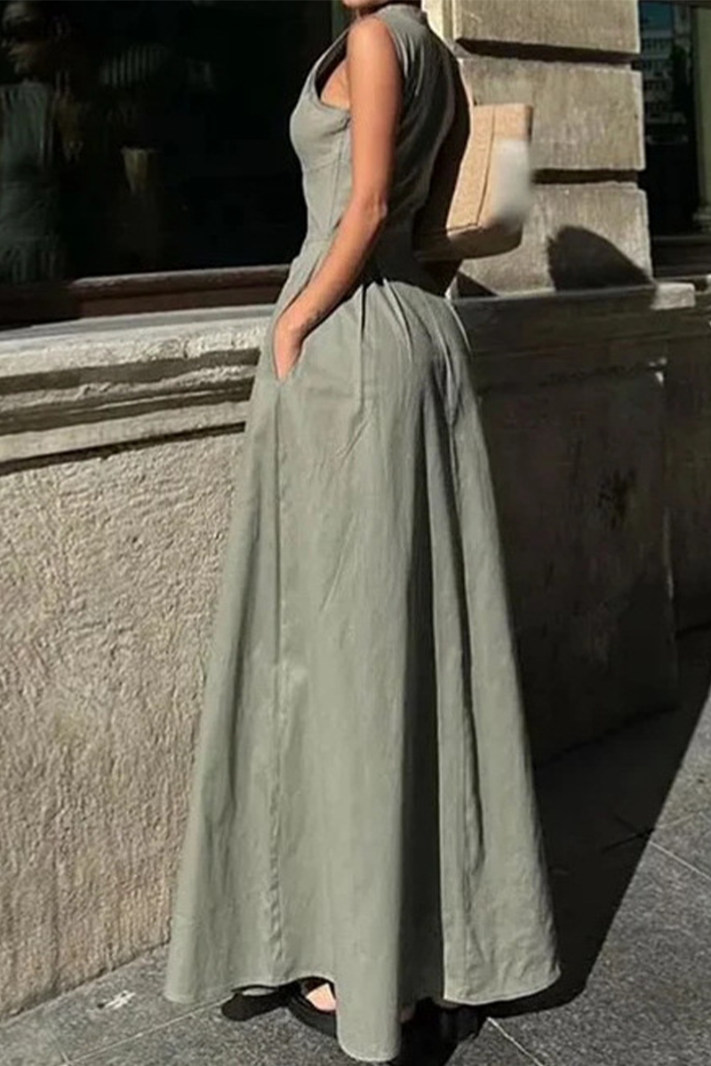 CD | Casual Street culoare solidă buzunar fermoar mandarin guler rochii fără mâneci (3 culori)