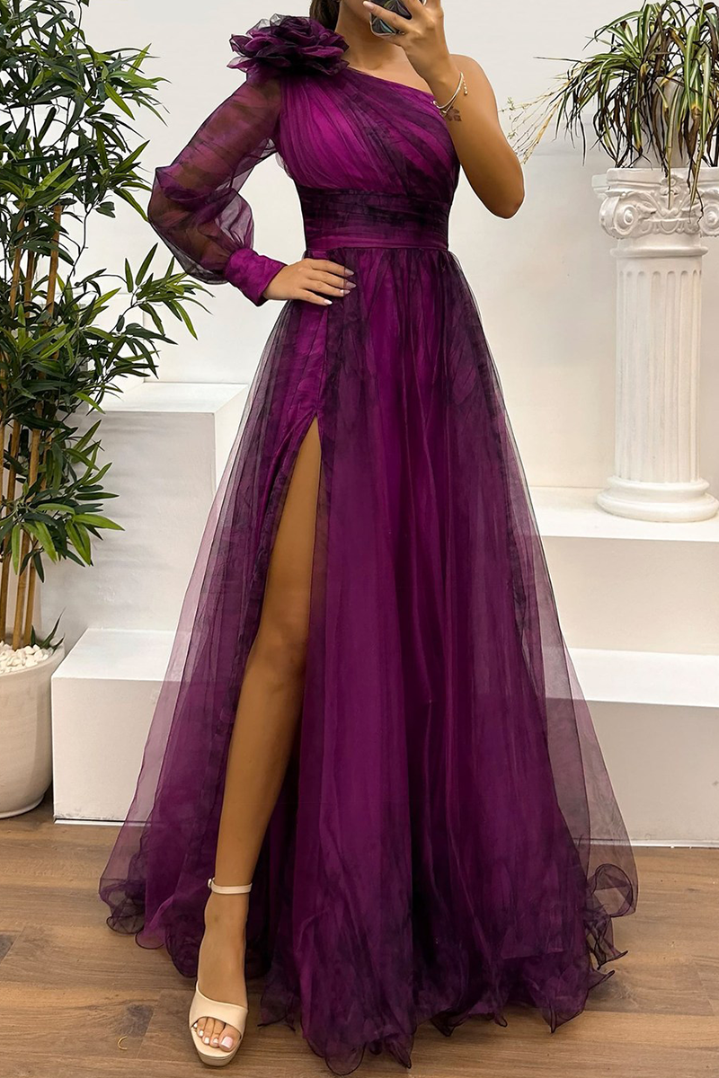 CD | Sexy Prom Floral Print Slit Mesh Flower Shape Off Shoulder Evening Dresses (6 culori)