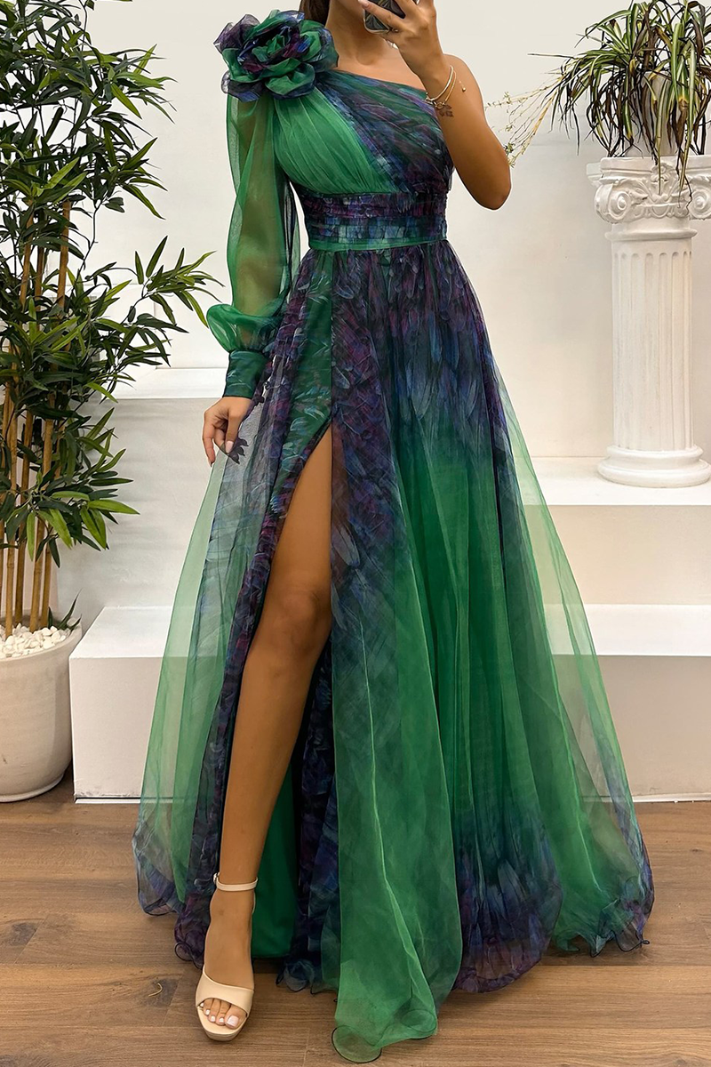 CD | Sexy Prom Floral Print Slit Mesh Flower Shape Off Shoulder Evening Dresses (6 culori)