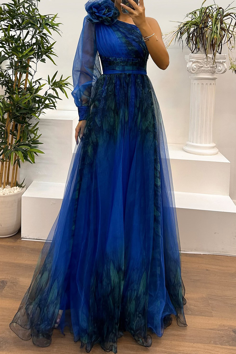 CD | Sexy Prom Floral Print Slit Mesh Flower Shape Off Shoulder Evening Dresses (6 culori)