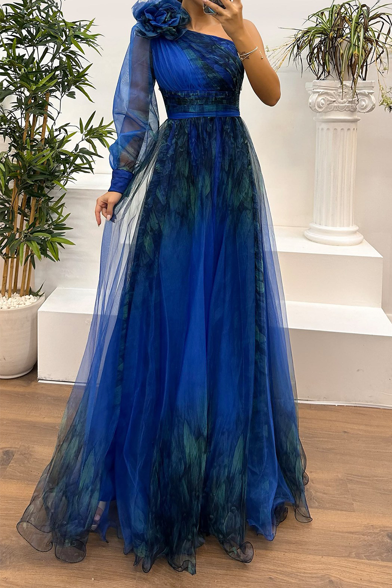 CD | Sexy Prom Floral Print Slit Mesh Flower Shape Off Shoulder Evening Dresses (6 culori)
