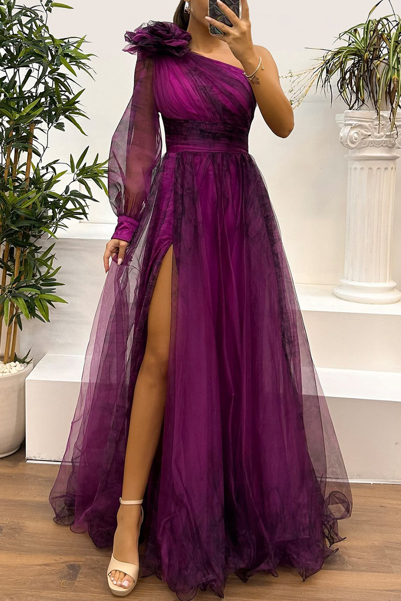 CD | Sexy Prom Floral Print Slit Mesh Flower Shape Off Shoulder Evening Dresses (6 culori)