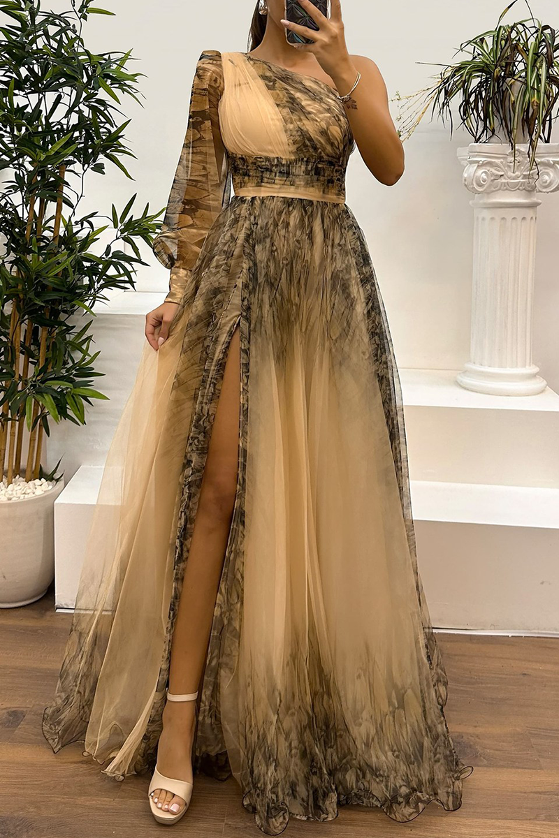 CD | Sexy Prom Floral Print Slit Mesh Flower Shape Off Shoulder Evening Dresses (6 culori)