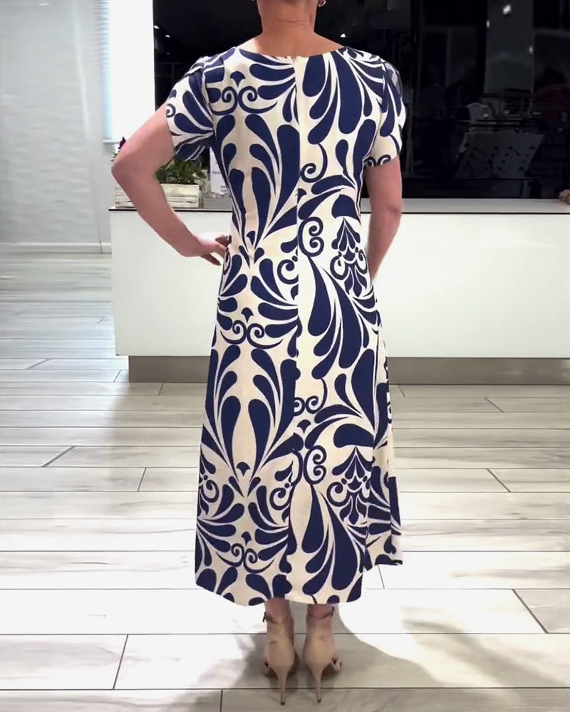 CD | Rochie elegantă cu mânecă scurtă, cu imprimeu și talie