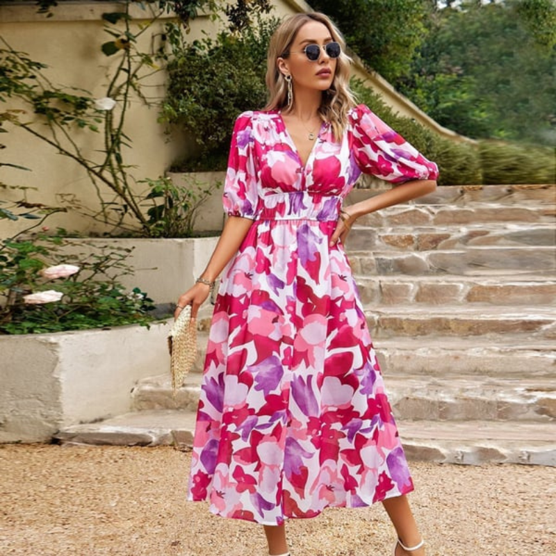 CD | Rochie midi pentru femei - A-line fit - Decolteu în V - Mâneci bufante - Țesătură amestecată respirabilă