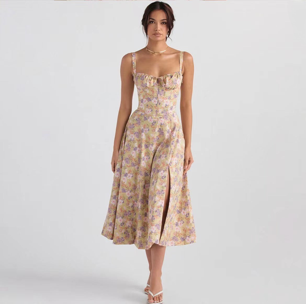 CD | Rochie midi pentru femei - fără mâneci - cu cravată în față - imprimeu floral - ușor, cu croială evazată
