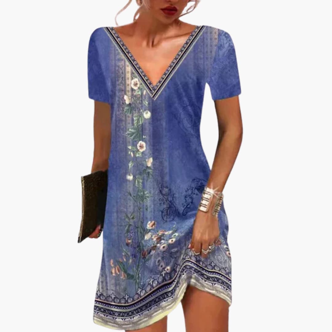 CD | Rochie mini pentru femei din viscoză cu decolteu în V și imprimeu floral