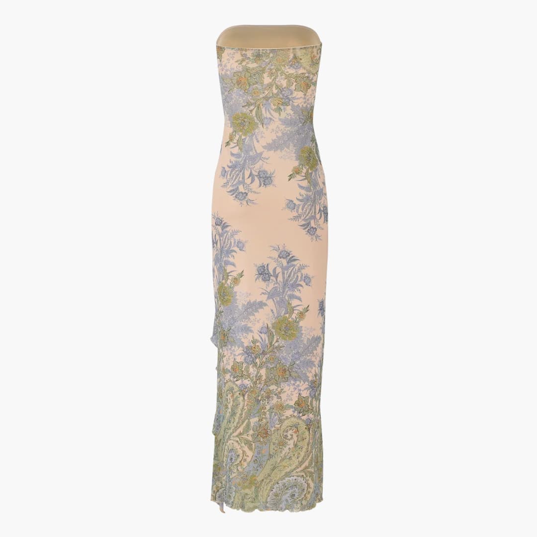CD | Rochie maxi fără bretele, cu model floral și crăpătură înaltă la tiv