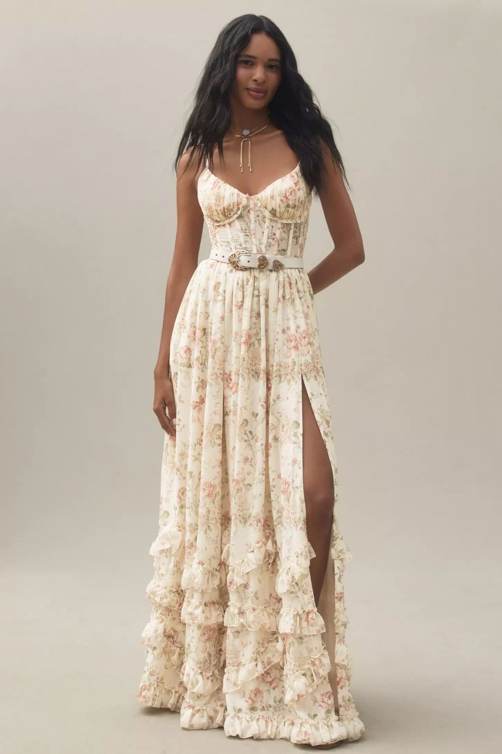 CD | Rochie lungă stil corset cu bretele înguste, tiv cu volane și imprimeu floral