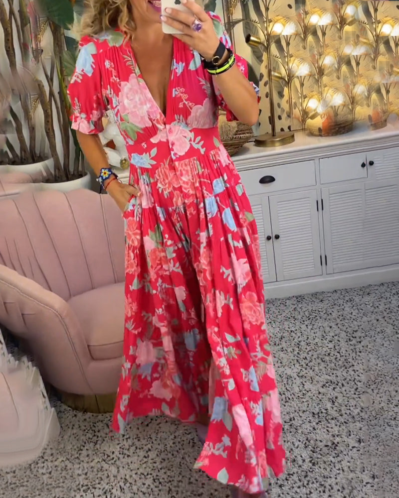 CD | Rochie maxi florală cu mânecă scurtă și decolteu în V