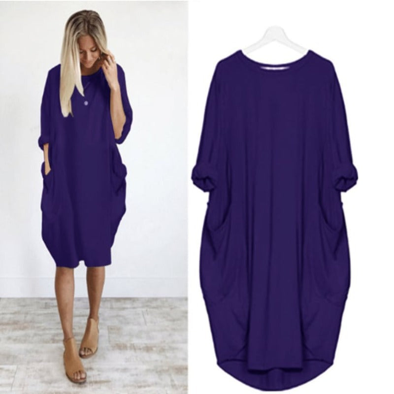 CD | Rochie midi pentru femei - Ținută relaxată - Amestec respirabil - Decolteu rotund - Buzunare laterale