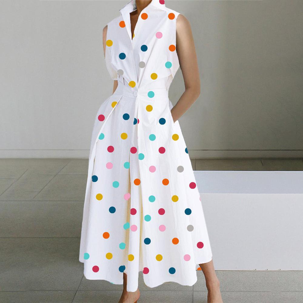 CD | Rochie midi fără mâneci retro cu buline colorate albe