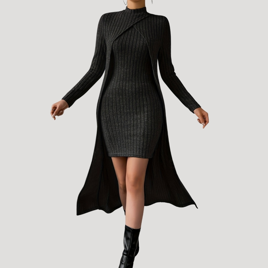 CD | Rochie midi bodycon pentru femei din tricot de nervuri cu suprapunere